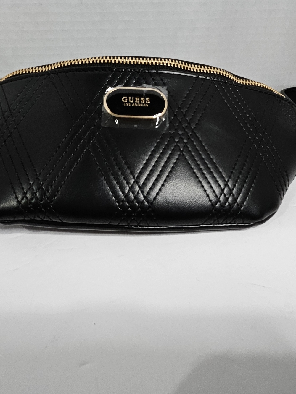 GUESS Quilted Black Leather Fanny Pack with Gold Trim